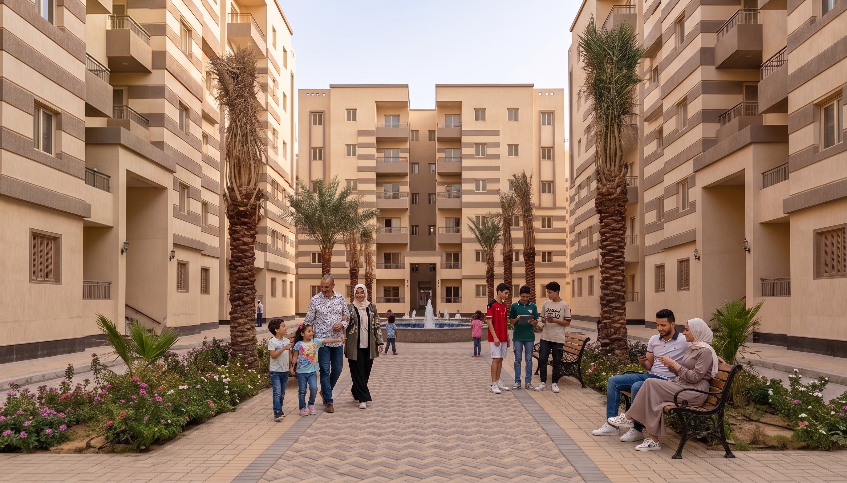 Families in a palm-lined courtyard with a fountain, surrounded by banded masonry apartment blocks.