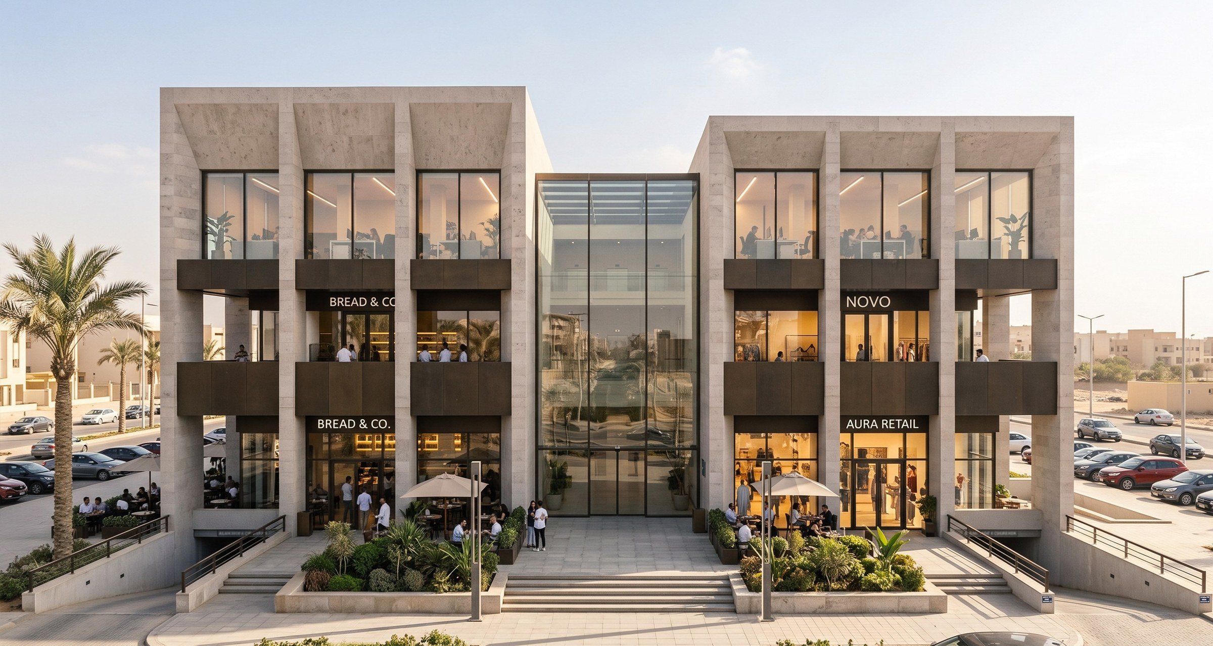 Concept visualisation — the street front in morning light: limestone piers, recessed shopfronts, the glazed entrance hall at the centre.