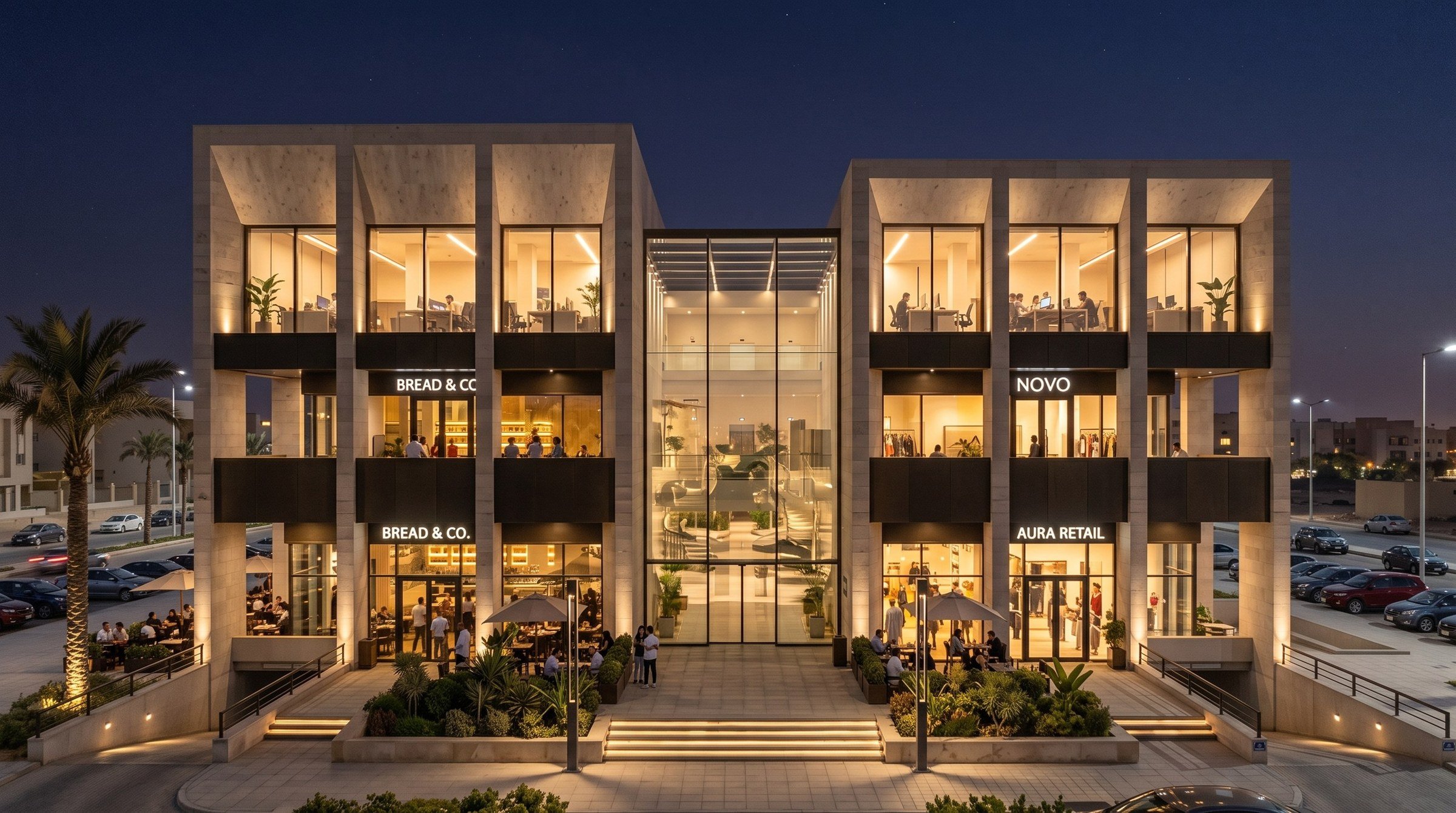 Concept visualisation — the street front at night: three storeys of limestone piers, shopfronts lit at ground level, a glazed entrance hall at the centre.